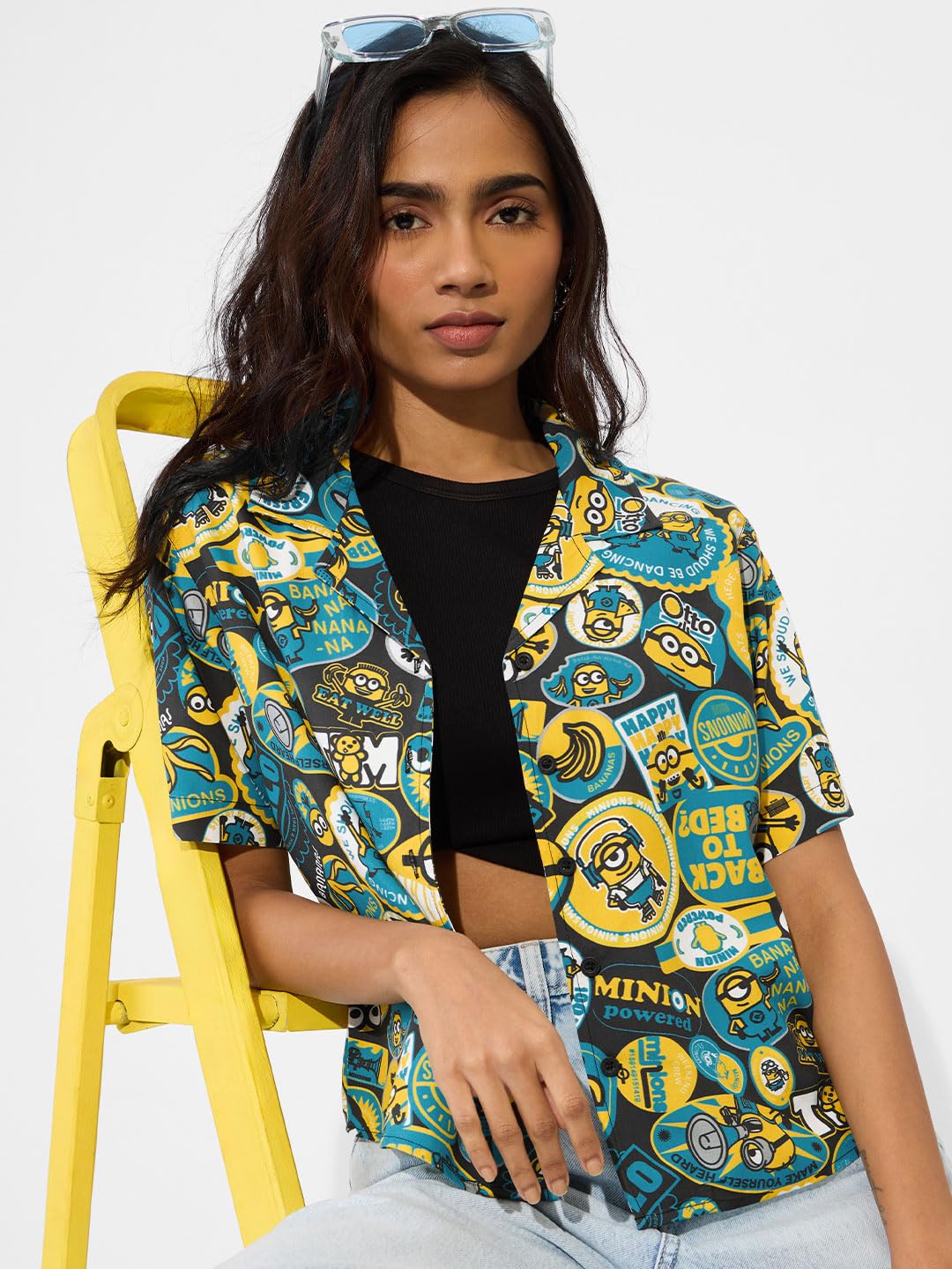 The Souled Store Official Minions Originals: Too Loud Women and Girls Short Sleeves Collared Neck Button Front Multicolor All Over Printed Rayon Regular Fit Holiday Shirts