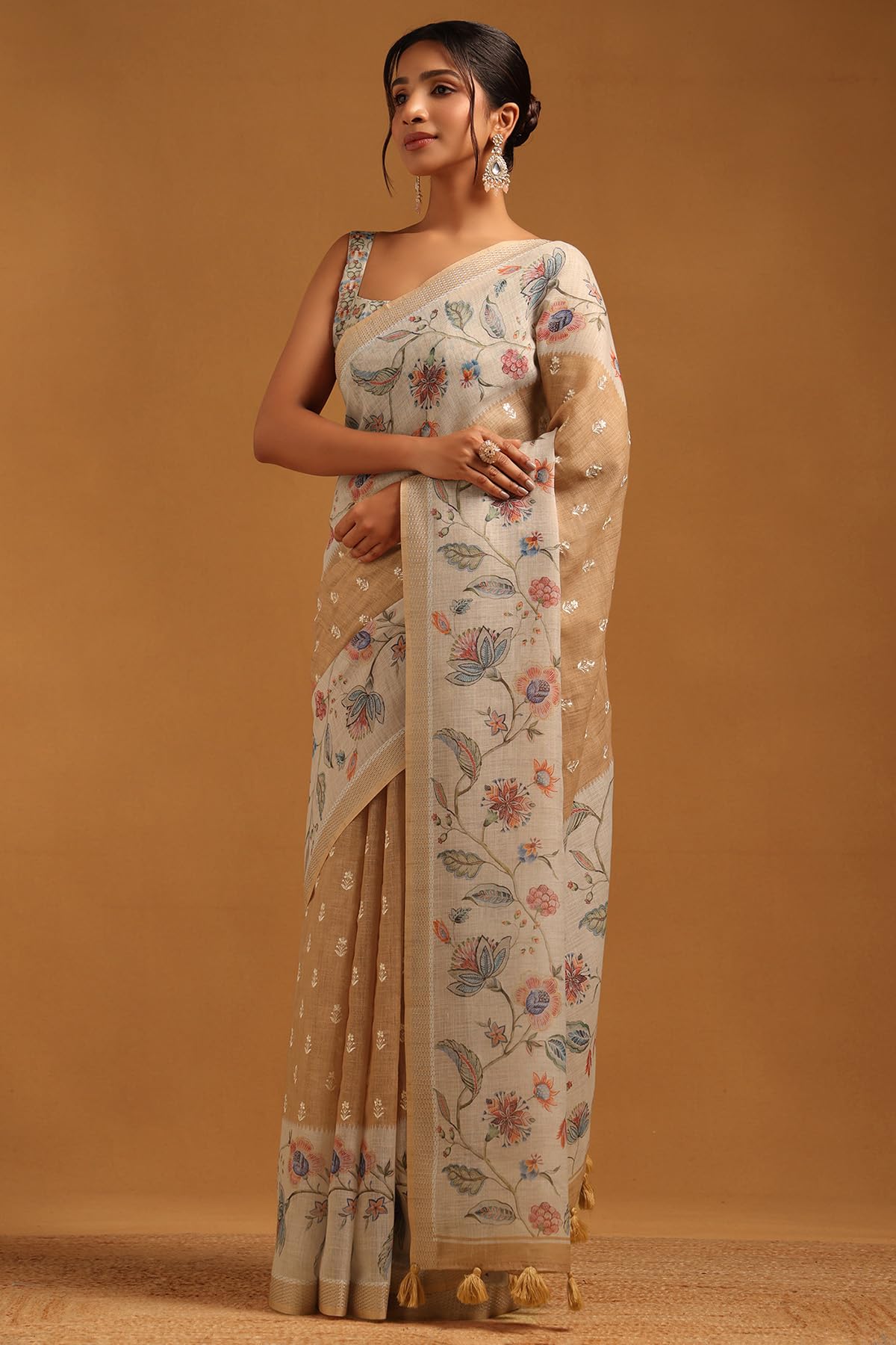 Soch Womens Beige Linen Botanical Saree With Machine Embroidery