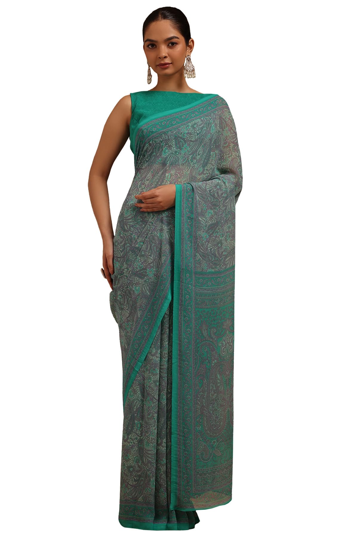 Soch Womens Teal Green Georgette Paisley Print Saree