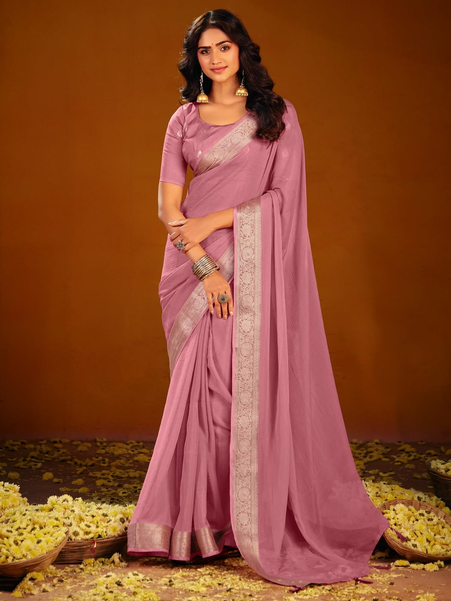 AKHILAM Women's Pink Chiffon Solid Saree With Unstitched Blouse Piece | saree for woman | Designer Saree for Women | Soft and Skin Friendly (PARVTHI1008_SR)