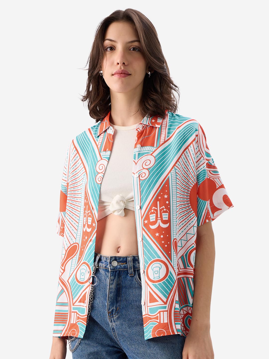 The Souled Store Official Mickey Mouse: Mickeyverse Women and Girls Short Sleeve Collared Neck Button Down Viscose Boyfriend Shirts Multicolour