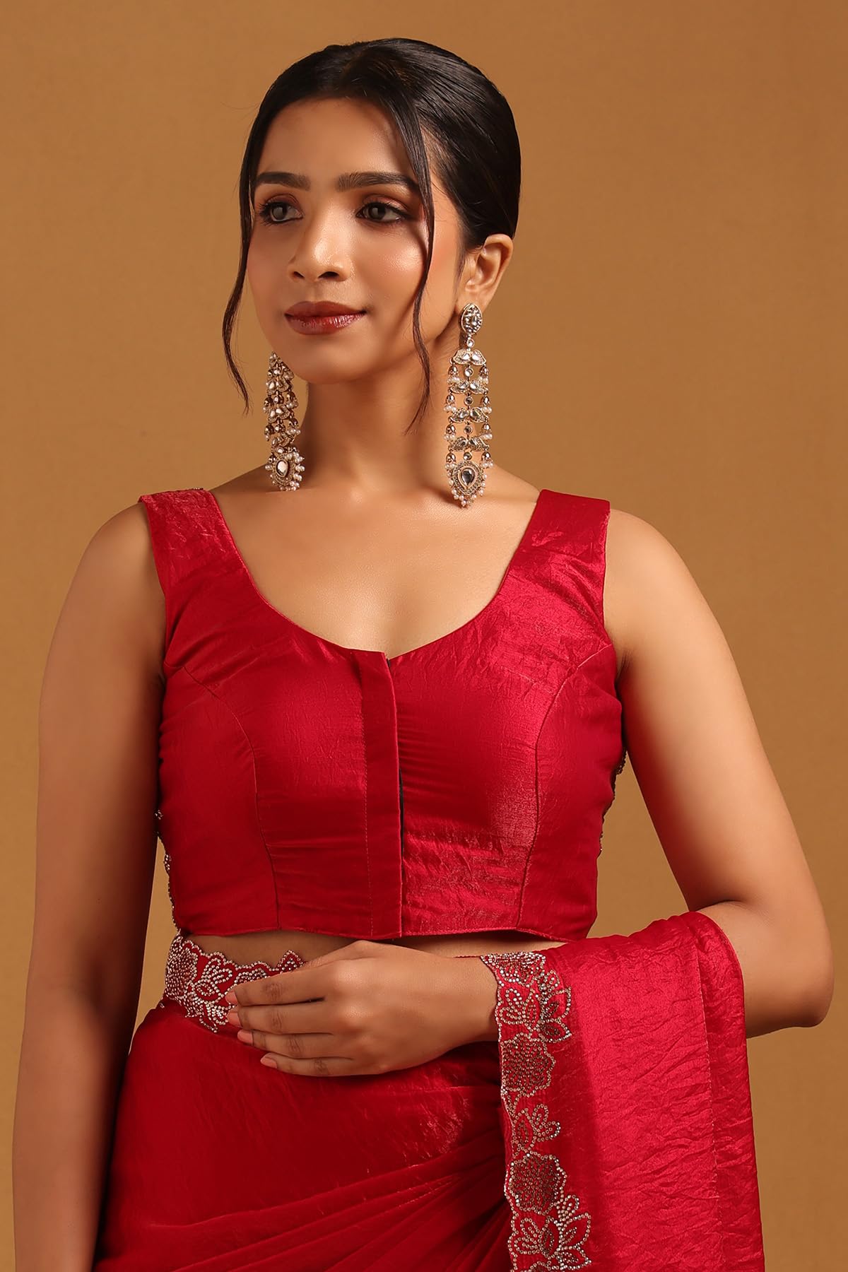 Soch Womens Red Fendy Organza Saree With Stone Work