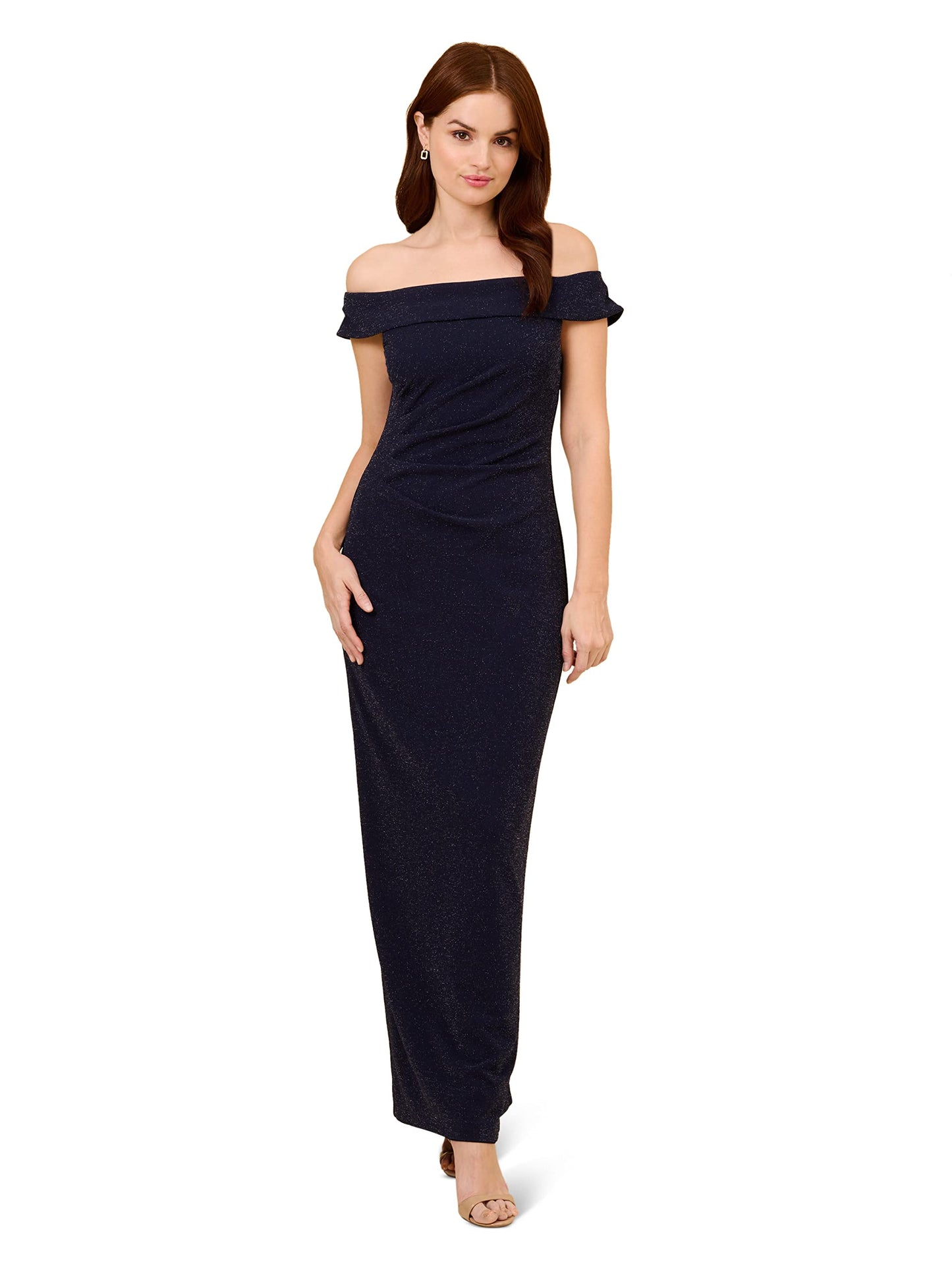 Adrianna Papell Women's Metallic Knit Draped Gown, Light Navy, 8