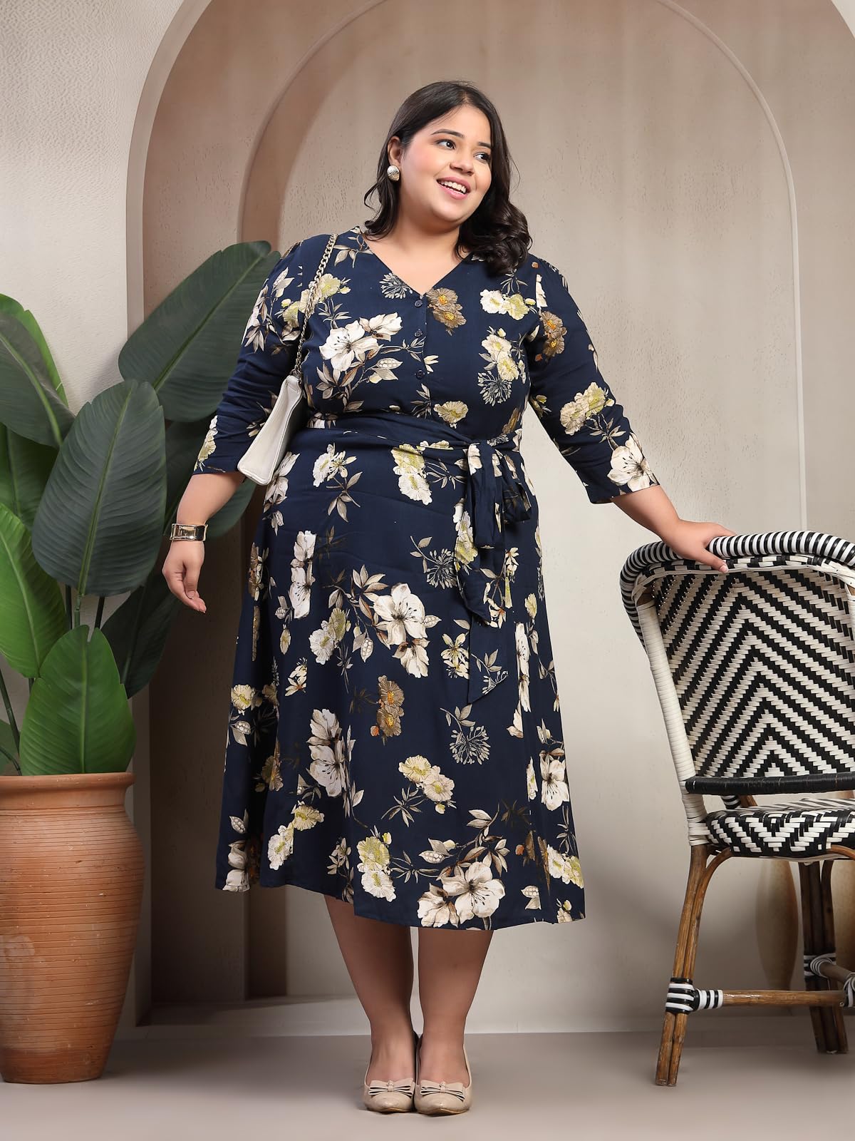 Women Plus Size Floral Print Puff Sleeve Maxi Dress (LDR20244-BLUEBEIGEFLORAL-7XL)