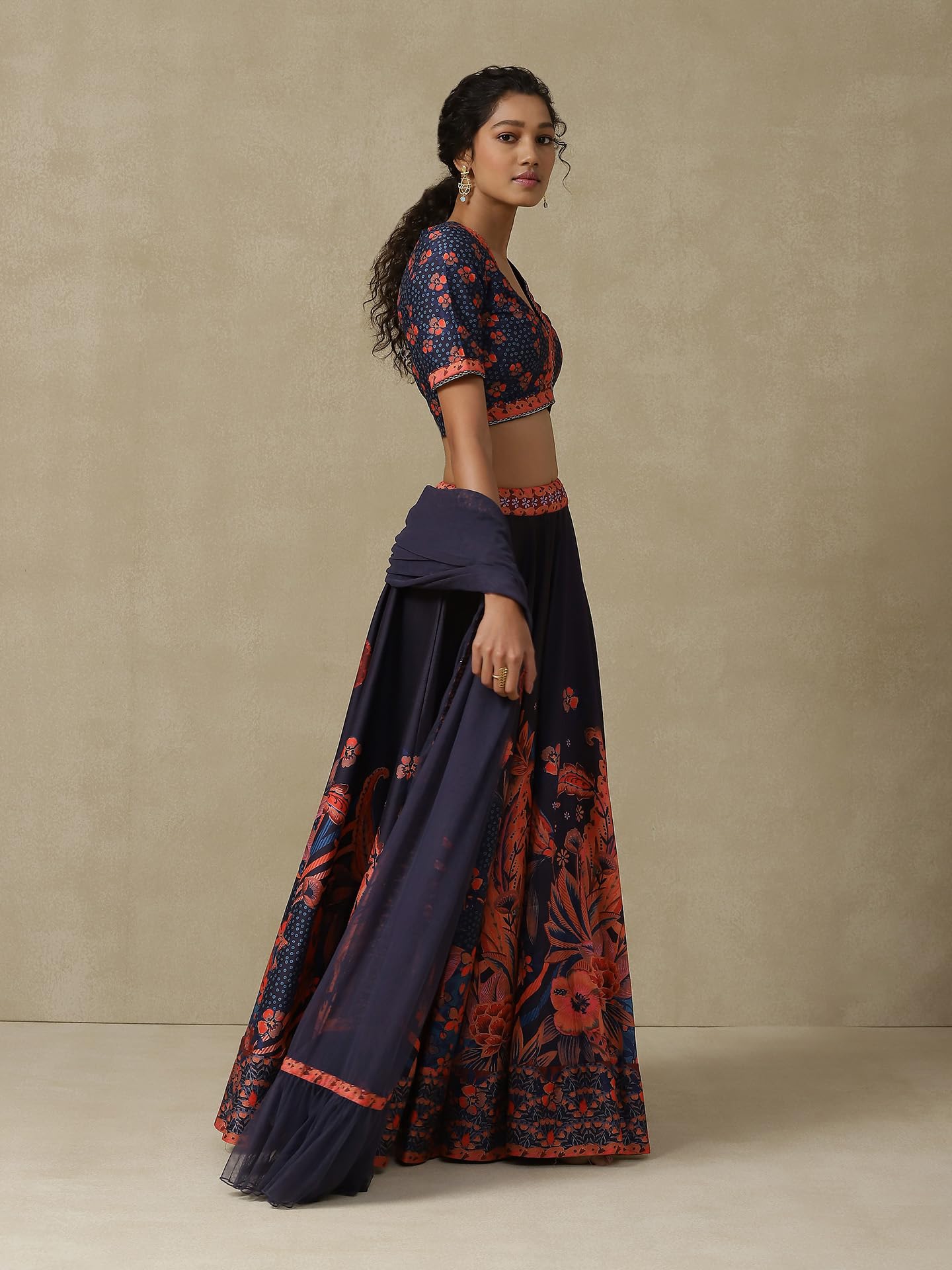 Aarke Ritu Kumar Navy FLoral Printed Lehenga With Blouse And Dupatta