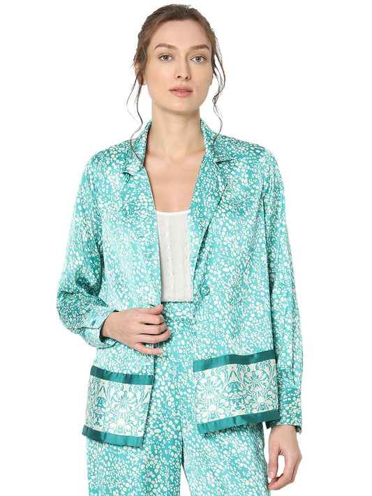 VERO MODA Women Abstract Print Blue Relaxed Fit Single Breasted Blazer