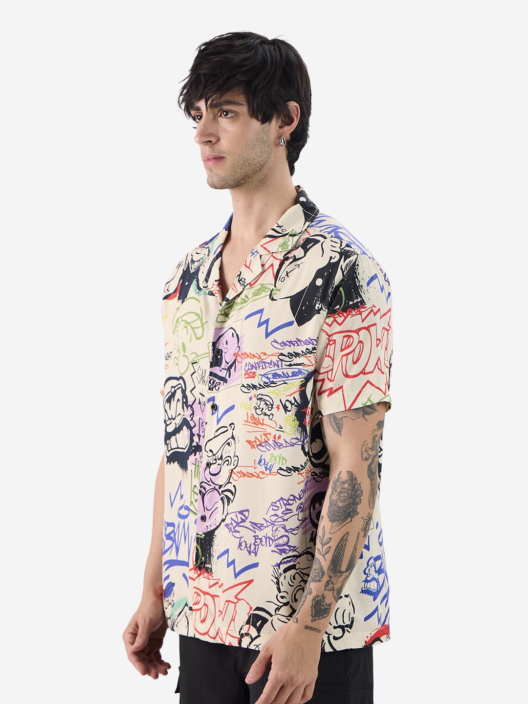 The Souled Store Official Popeye: Graffiti Men and Boys Short Sleeves Collared Neck Button Front Multicolor All Over Printed Rayon Holiday Shirts