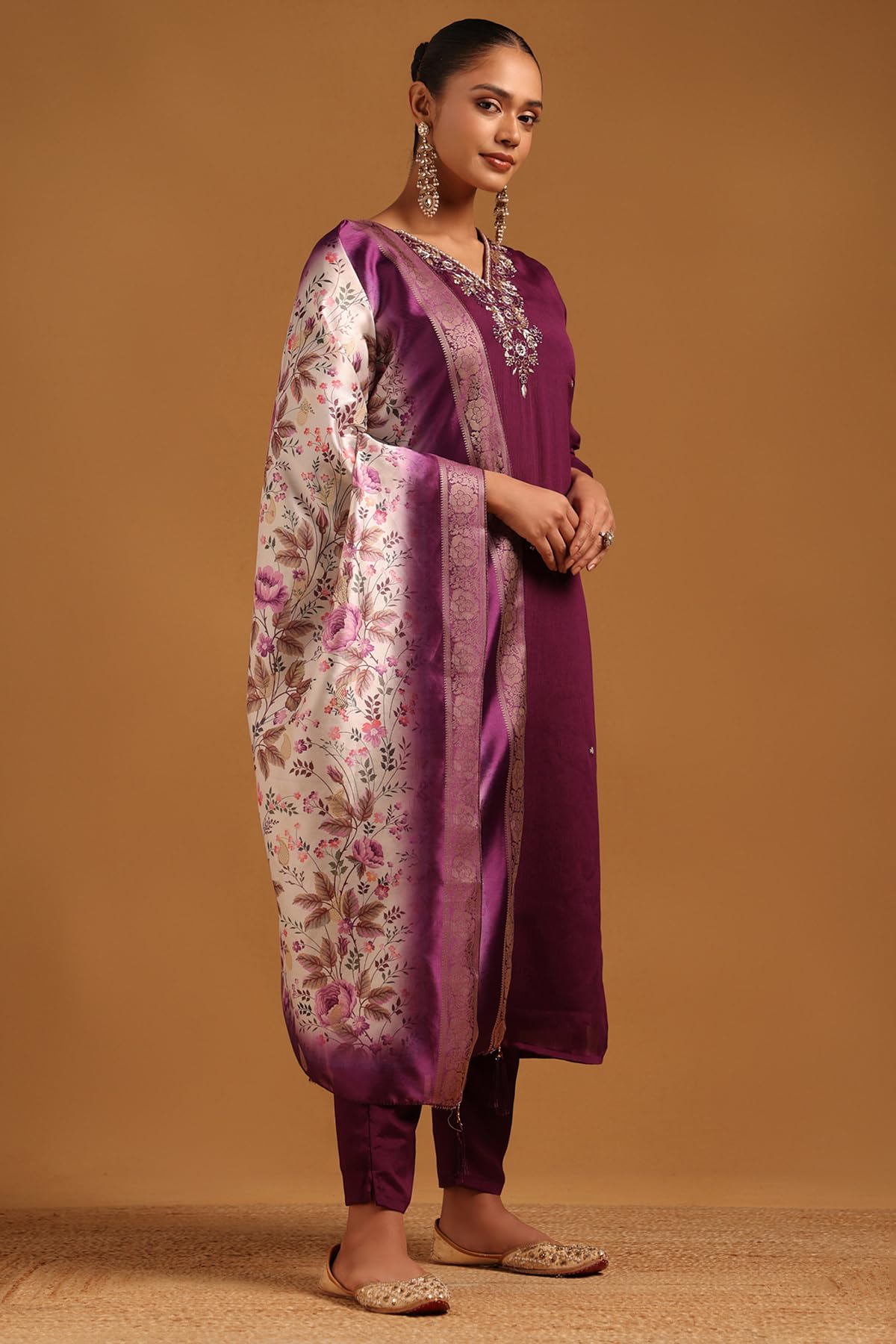 Soch Womens Purple Chinon Floral Salwar Suit With Beads And Stones
