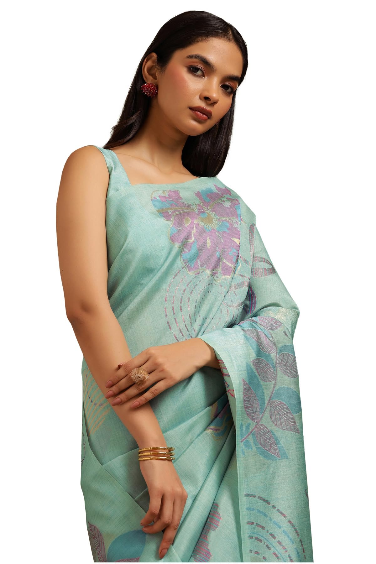 Soch Womens Turquoise Blue Tussar Woven Design Saree With Zari Woven