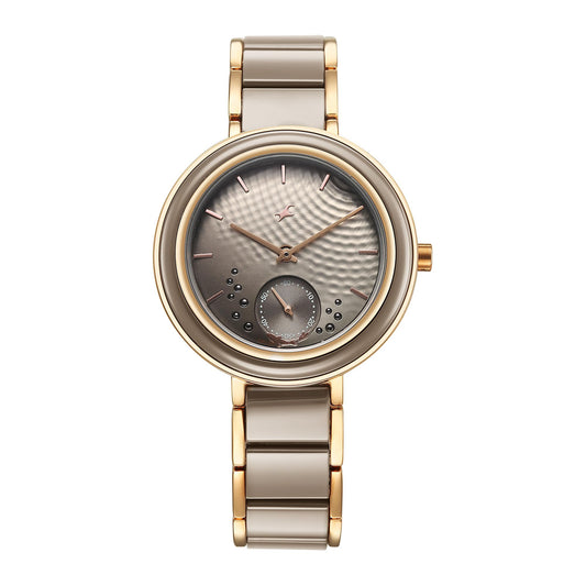 Fastrack Analog Women Grey Rose Gold Oceanyx-Ceramic Quartz Round Dial Watch,Solid Links Material,Band-6315KD02