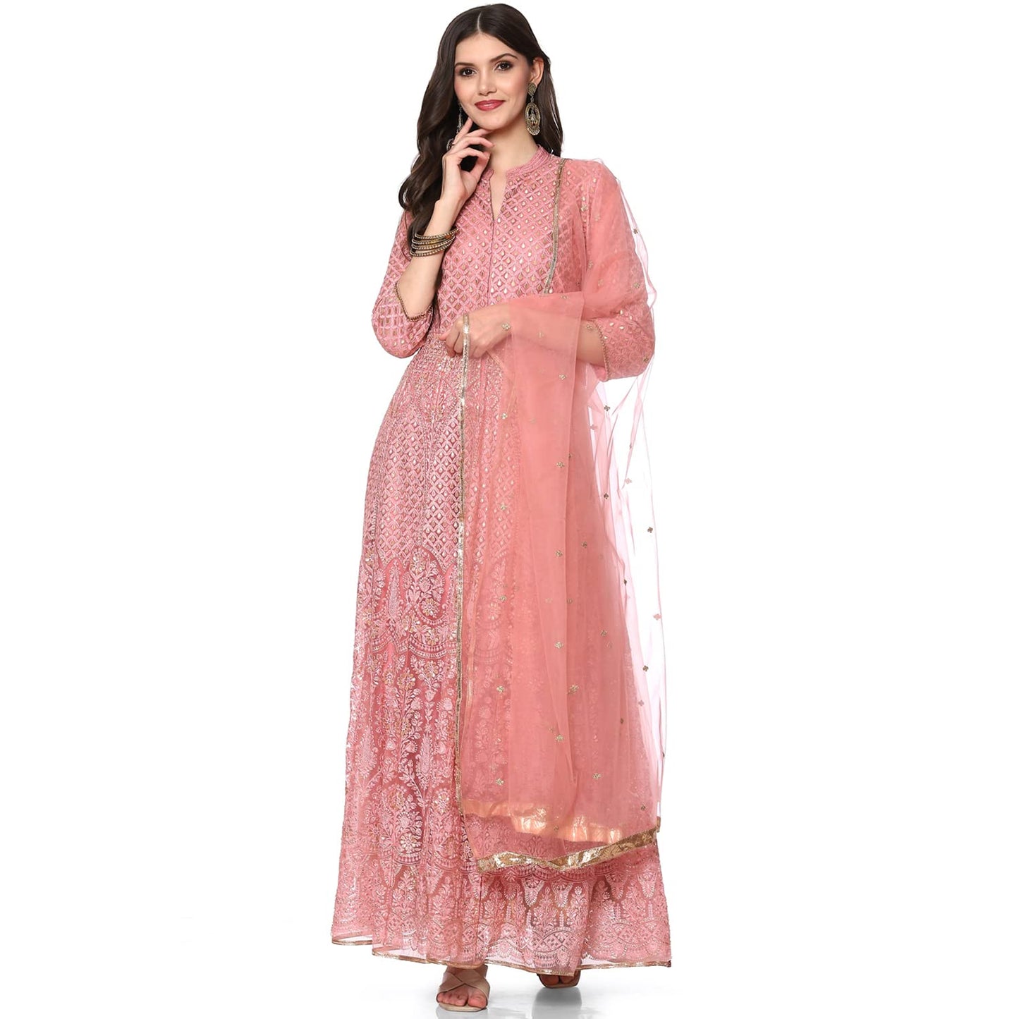 BIBA WOMEN EMBROIDERY FLARED SALWAR KURTA DUPATTA(SKD6463_DSKY PINK_32)