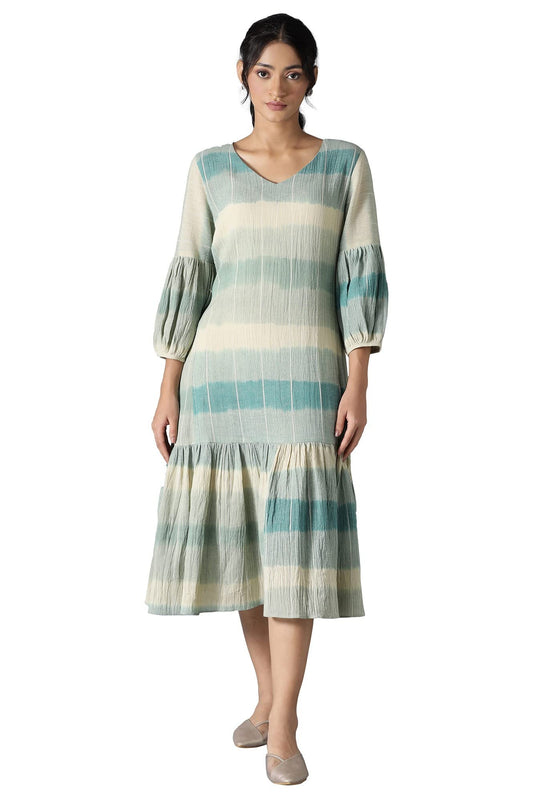 W for Woman Cotton Ecru Ikkat Print Cotton Dress In V-Neck