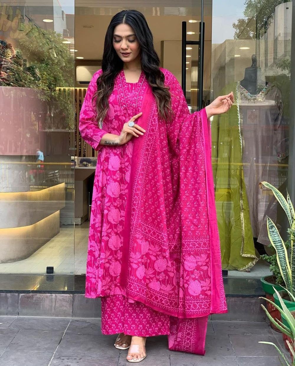 Modestouze Attires Women's Rayon Floral Printed Salwar Suit Set | V Neck 3/4 Sleeve Fit Flared Calf Length Kurta and Cotton Dupatta with Printed Palazzo | MA-K207-PINK-XXL