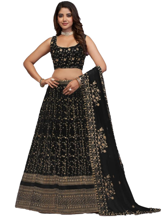 JIHU CULTURE Women's Georgette Zari Embroidery Work Semi-Stitched Lehenga Choli with Elegant Flare