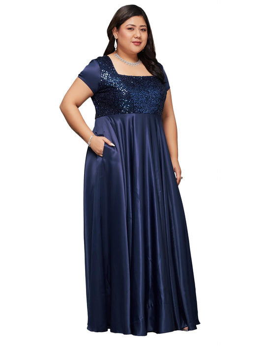 Miss Chase A+ Women's Square Neck Short Sleeve Embellished Polyester Fit & Flare Maxi Dress with Pockets (APSS23D06-60-71-06, Navy Blue, XL)