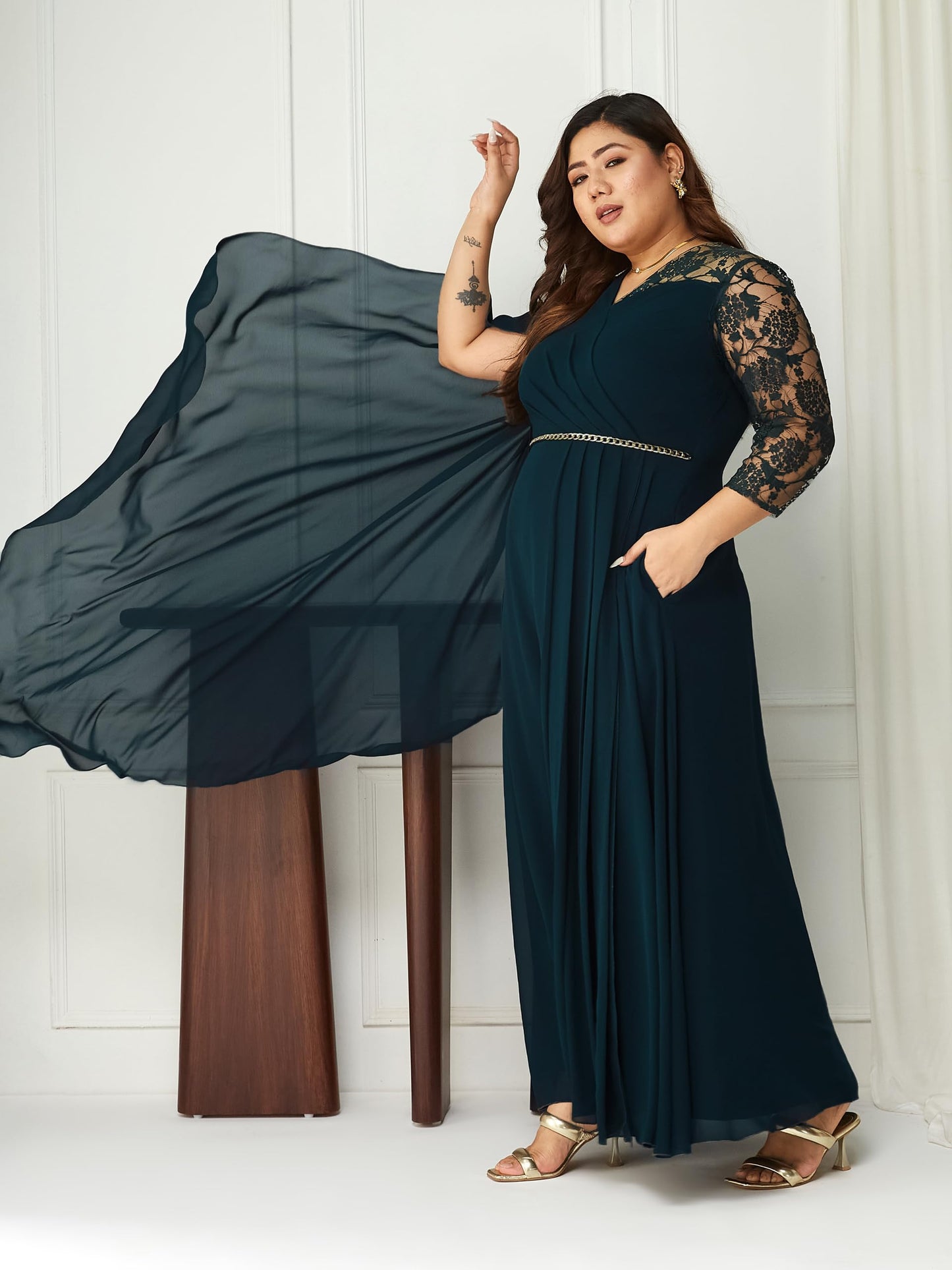 Miss Chase A+ Women's V-Neck Asymmetric Self-Designed Maxi Dress (APSS21D14-67-681-06, Tropical Teal, XL)