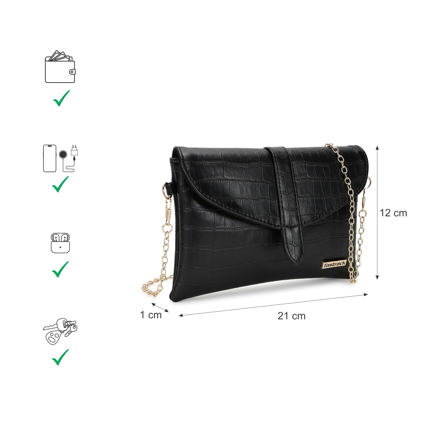 Fastrack Croc Textured Structured Sling Bag for Women, Girls and Ladies | with Detachable Gold-Toned Chain Strap & Button Closure | Slings for Casual Carry