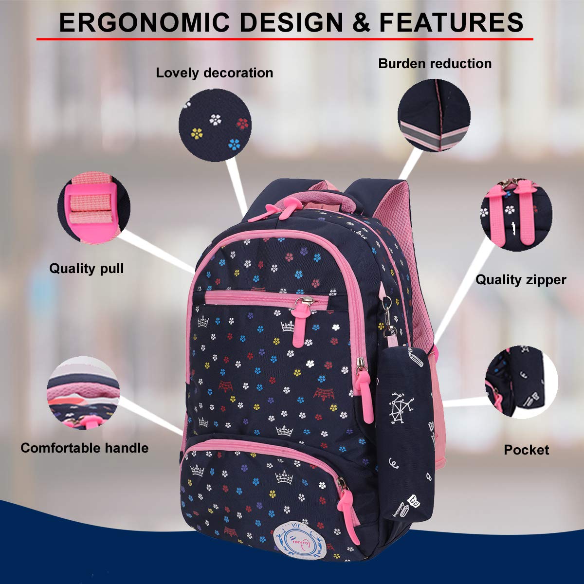 Tinytot 26 Liter, Stylish & Trendy (Flower Printed Pink/Blue) Water Resistant High Storage School College Travel Backpack Bag With Pencil Pouch, For Girls & Women, 2nd Standard Onward, (18 Inch)