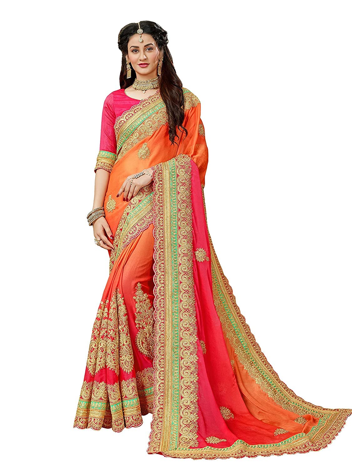 MANOHARI Women Shaded Orange Heavy Embroidery Chiffon Saree With Blouse Piece_Mn360-2