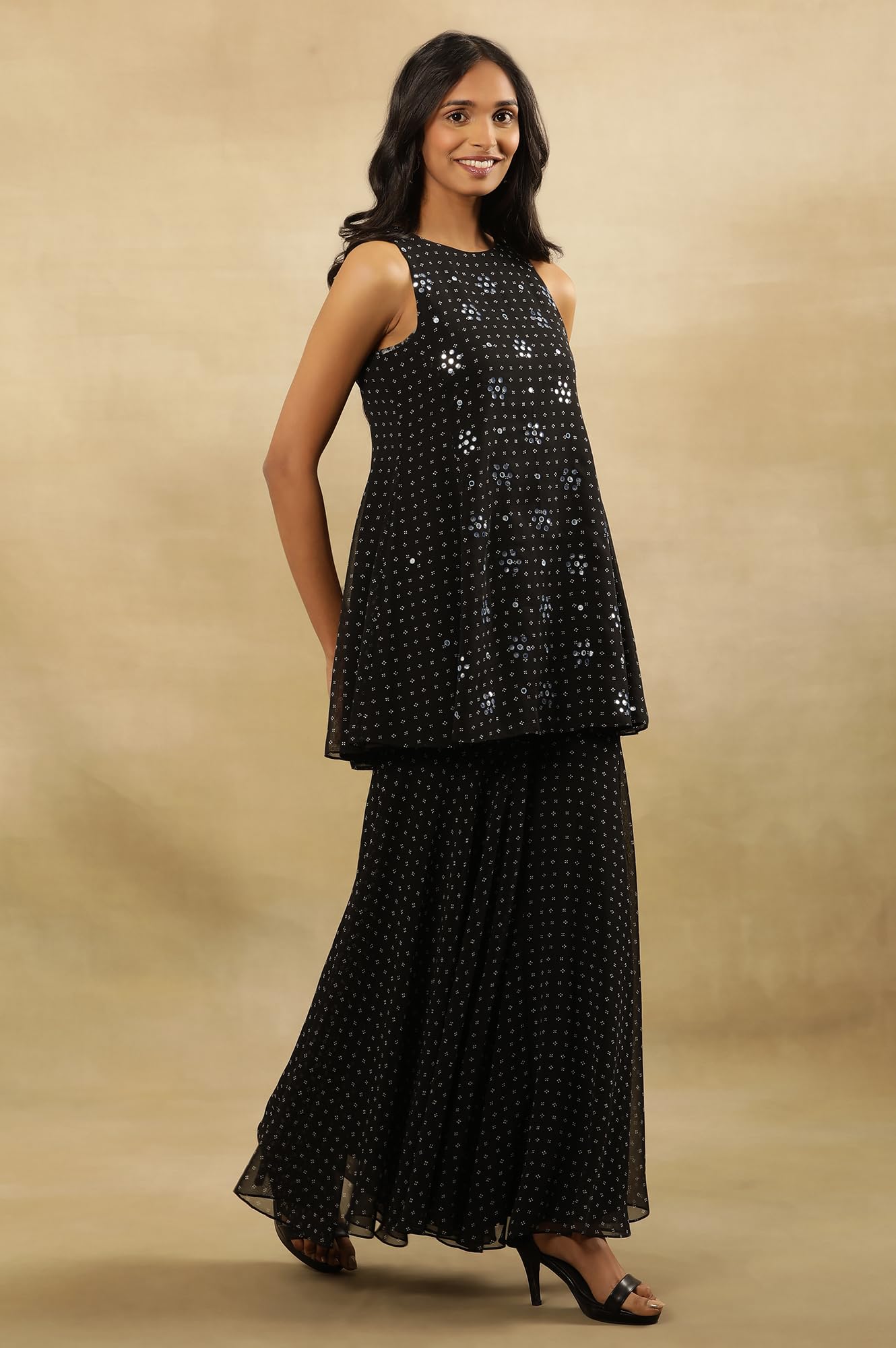 W for Woman W Women Black Festive Geometric Print Georgette Kurta Set, Sharara & Dupatta_24FEWS10619-123035_3XL