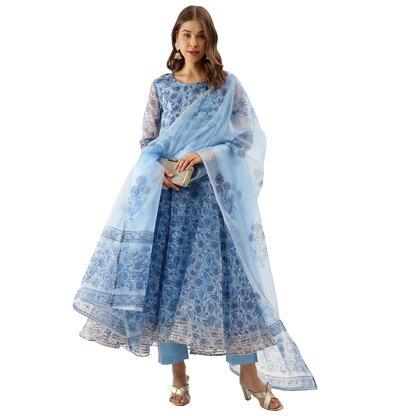 Divena Blue Floral Print Organza Anarkali Kurta set with Dupatta