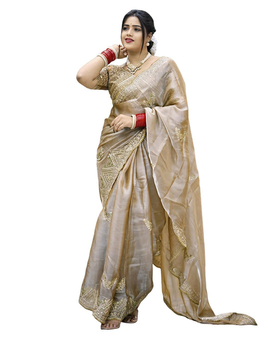 SIRIL Women's Silk Embroidered Saree With Unstitched Blouse Piece(4218S6634-Beige)