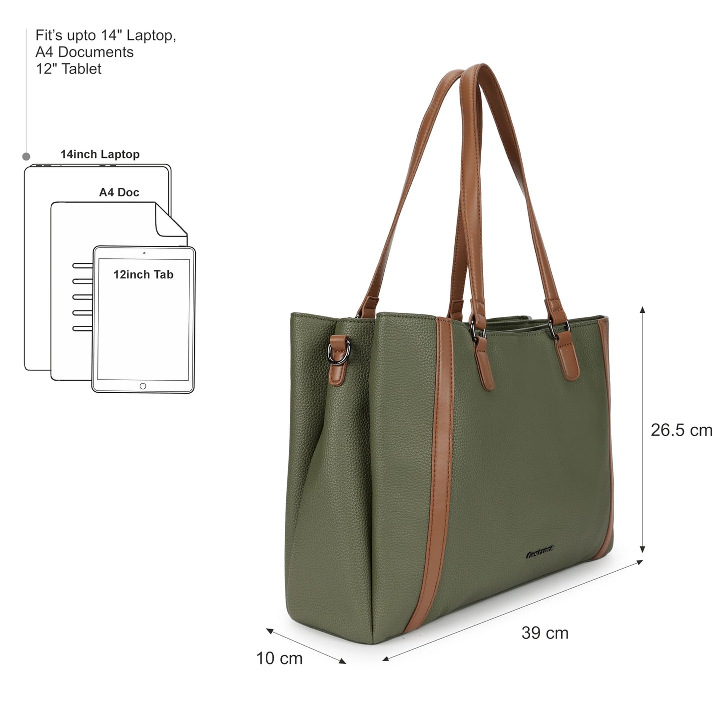 Metro Carry Laptop Tote | Faux-Leather Women's Handbag | Olive with Tan Details | 14" Laptop Compatible | Dual Carry Options | Pebbled Texture