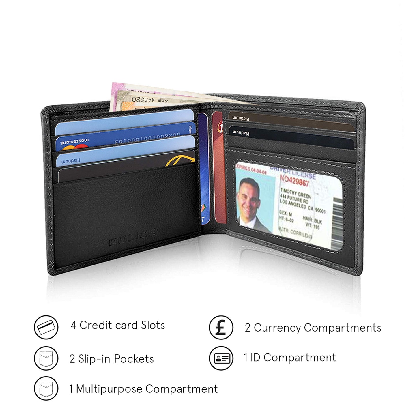 Police RFID Wallet for Men Leather Original | Bifold Wallet | Stylish Genuine Leather Gents Purse with 4 Card Holder Slots | 2 Slip-in Pockets | ID Card Holders | Diwali Gifts for Men - Black
