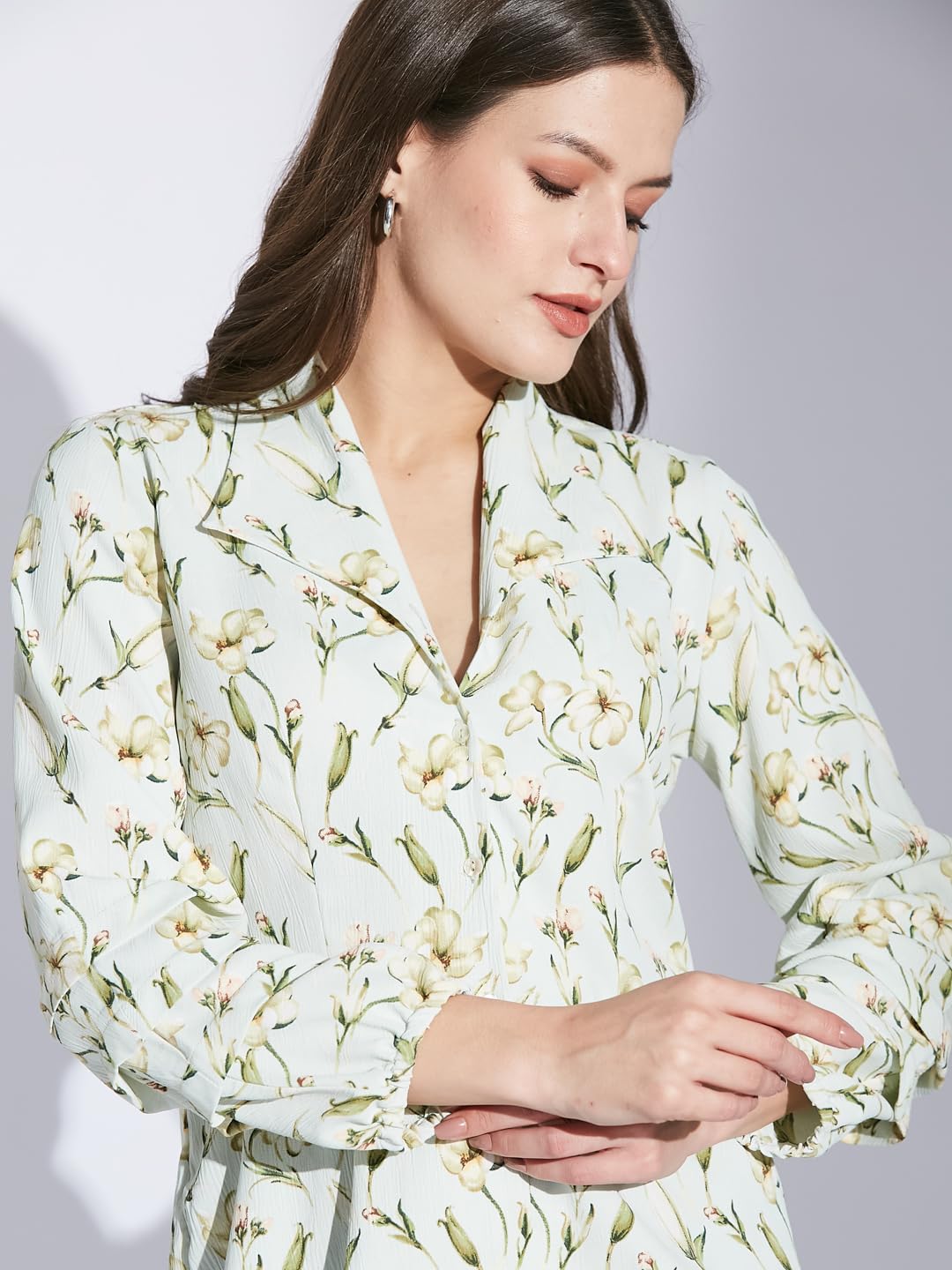 Latin Quarters Women Green Collar Neck 3/4th Sleeve Printed Shirt Blouse_XL