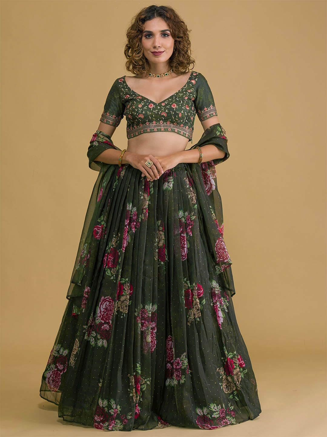 Zeel Clothing Womens Floral Embroidered Organza New Semi-Stitched Lehenga and Choli Set(5070-Green-Wedding-Designer-Latest-Party; Free Size), Dark Green