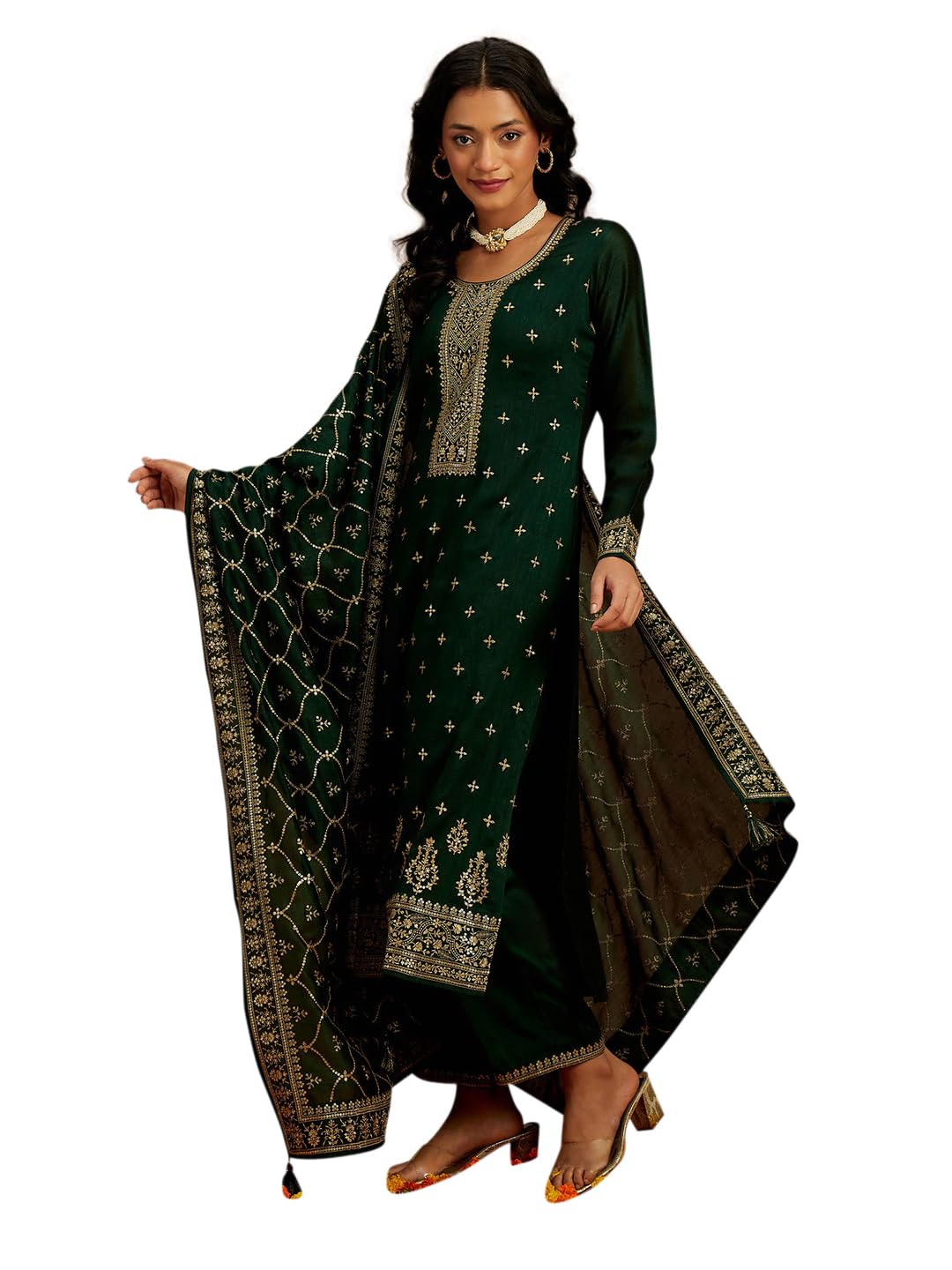 Libas Womens Embroidered Silk Blend Straight Kurta With Trousers and Dupatta