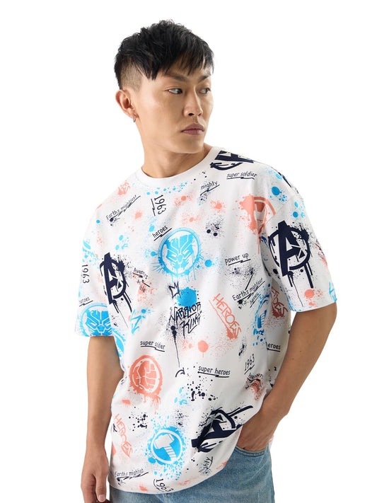 The Souled Store Official Marvel: Creative Chaos Men and Boys Short Sleeves Round Neck Multicolor All Over Printed Cotton Oversized T-Shirts