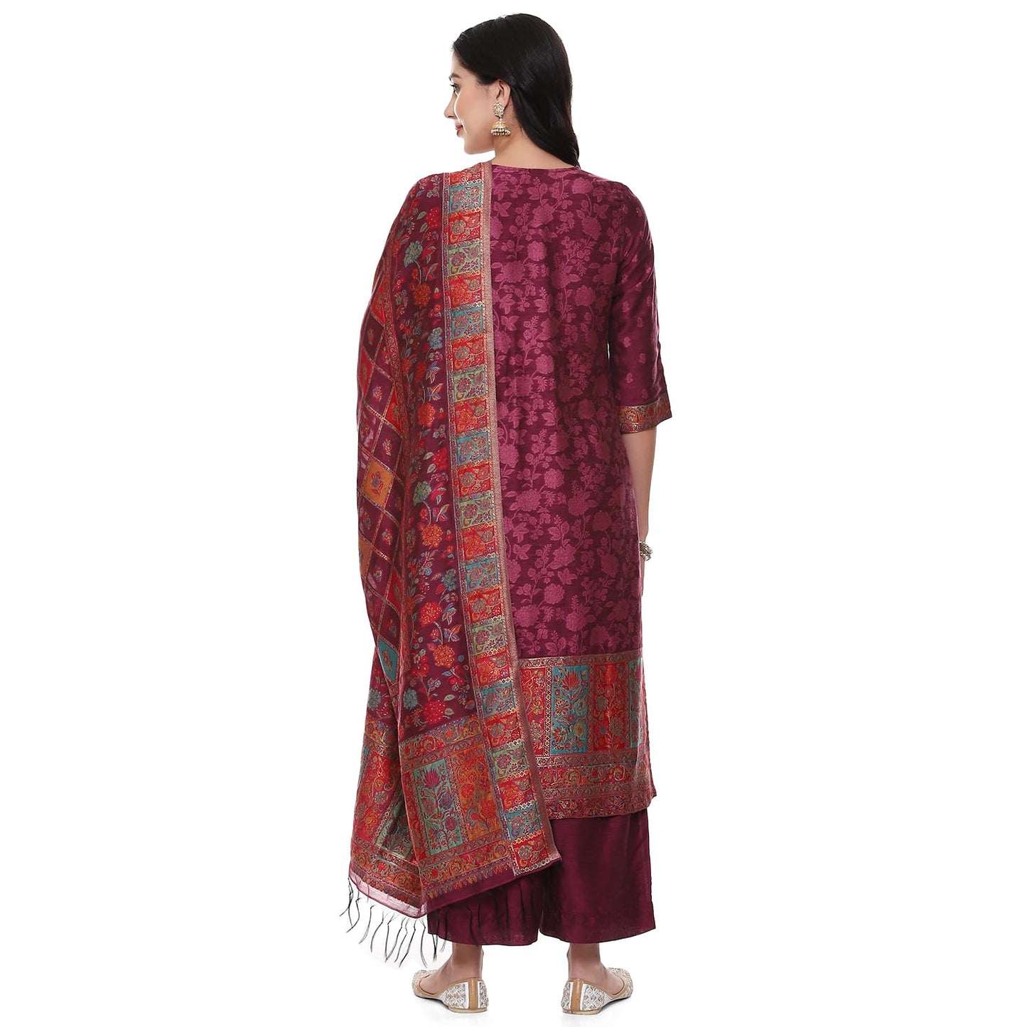 BIBA Women YARNDYED STRAIGHT KURTA SALWAR KURTA DUPATTA(SKDARTSY WE9102_WINE_34)