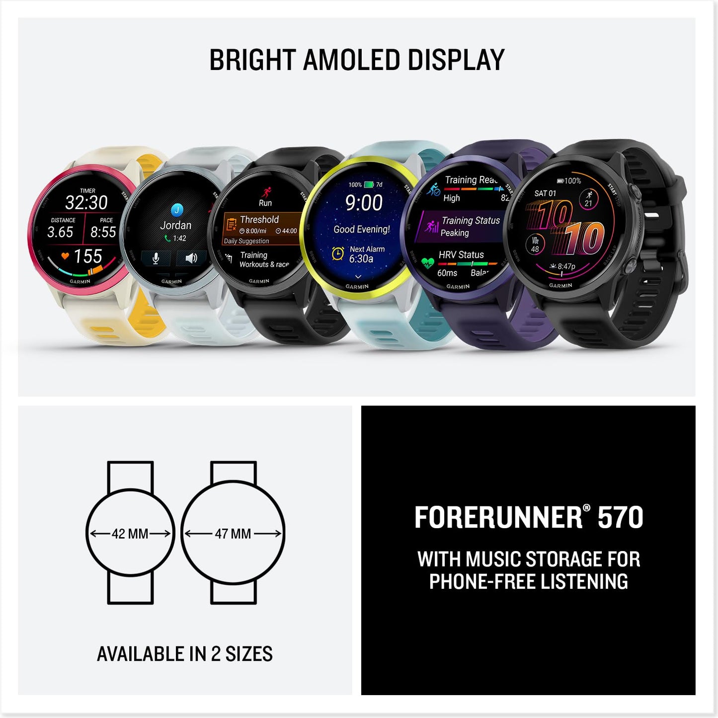 Garmin® Forerunner® 570, 42mm, Advanced GPS Running and Triathlon Smartwatch, AMOLED Display, Training and Recovery Features, Slate Gray Aluminum with Translucent Black/Black Band
