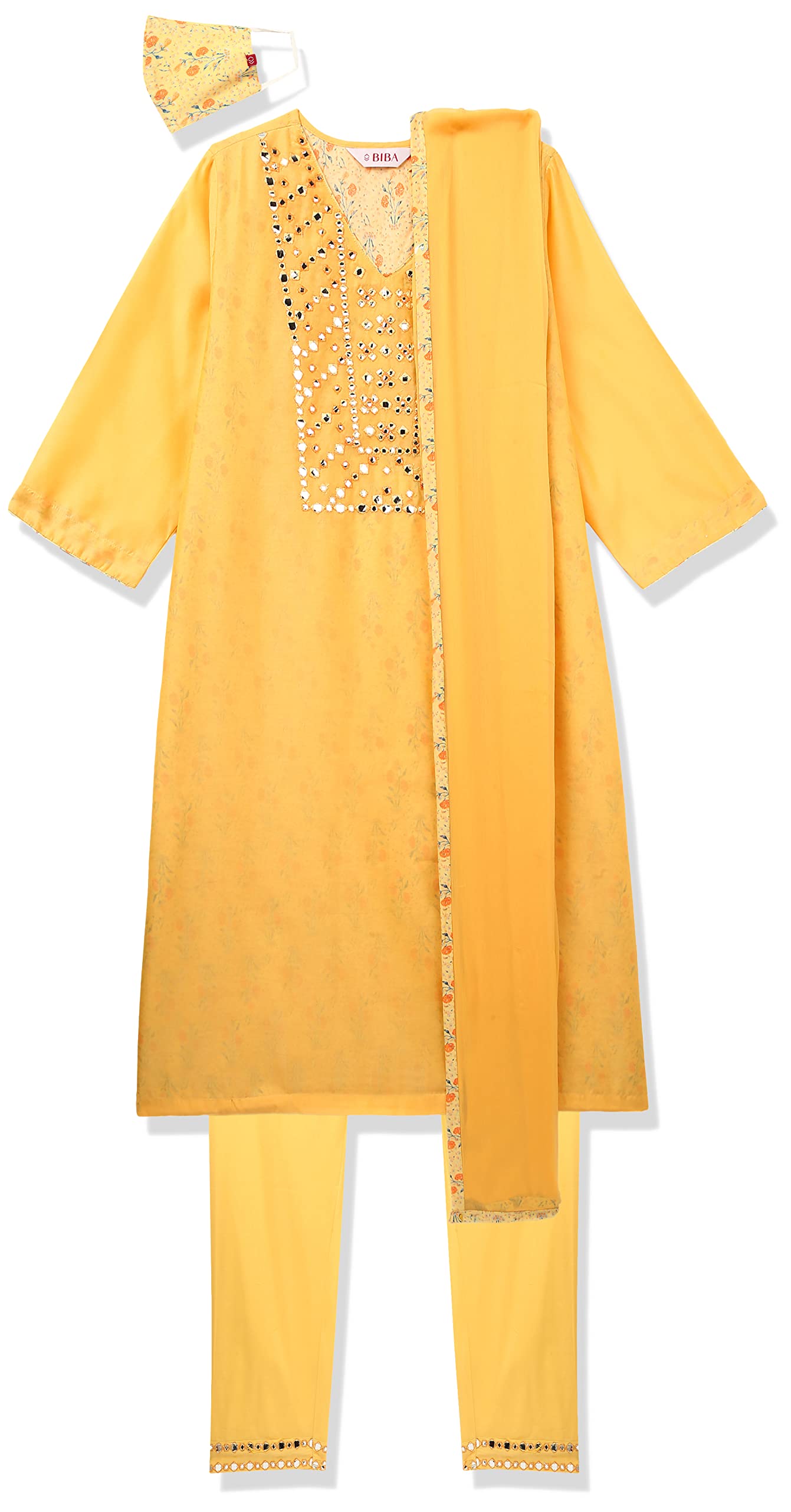 BIBA WOMEN EMBROIDERY NARROW SALWAR KURTA DUPATTA(SKD7402E_MANGO YELLOW_34)