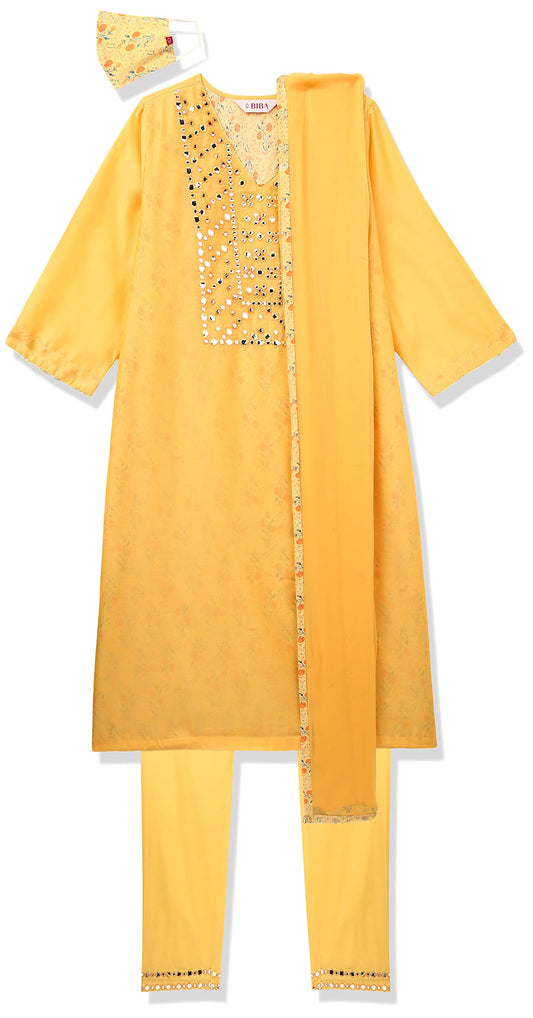 BIBA WOMEN EMBROIDERY NARROW SALWAR KURTA DUPATTA(SKD7402E_MANGO YELLOW_34)
