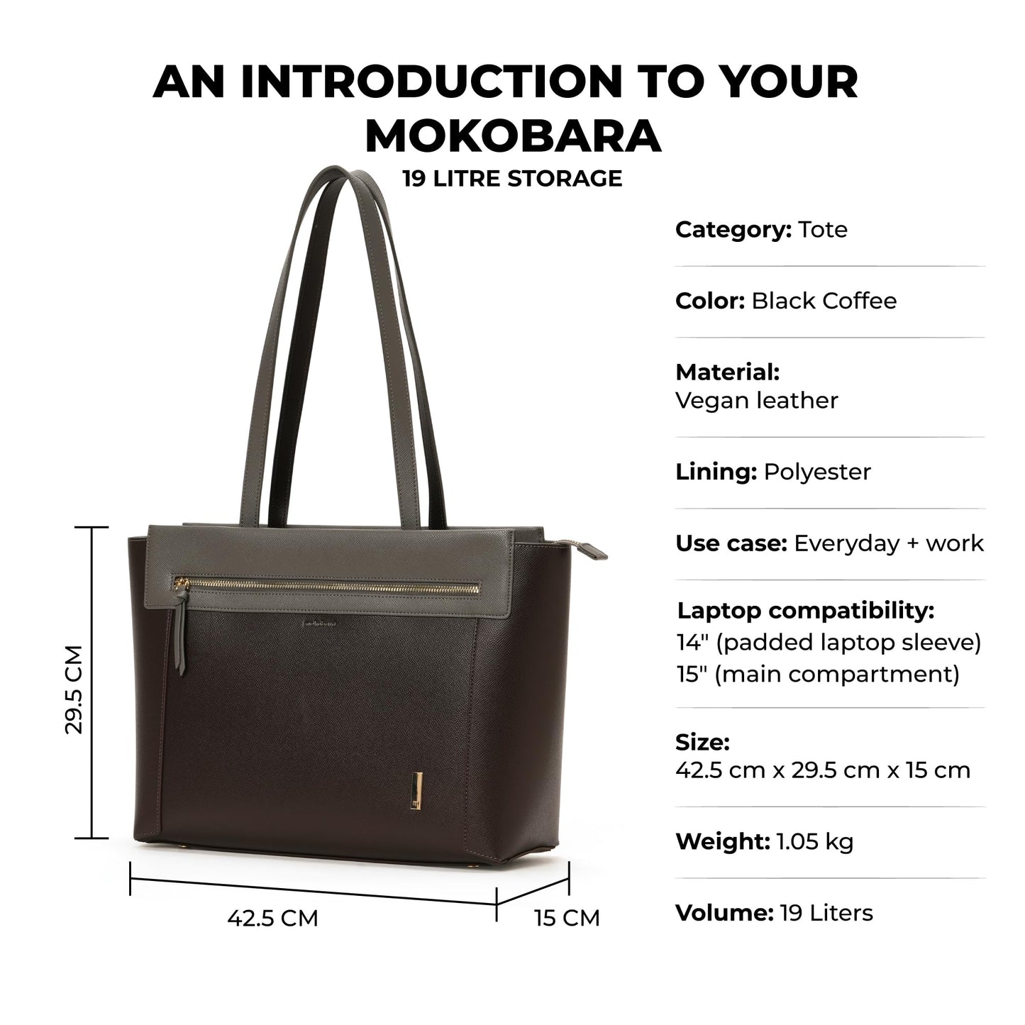 Mokobara | The Dawn Tote Shoulder Bag Fits Upto 14" Laptop, Perfect for Work & Daily Use, Crafted with Vegan Leather, Designed for Women (Black Coffee)