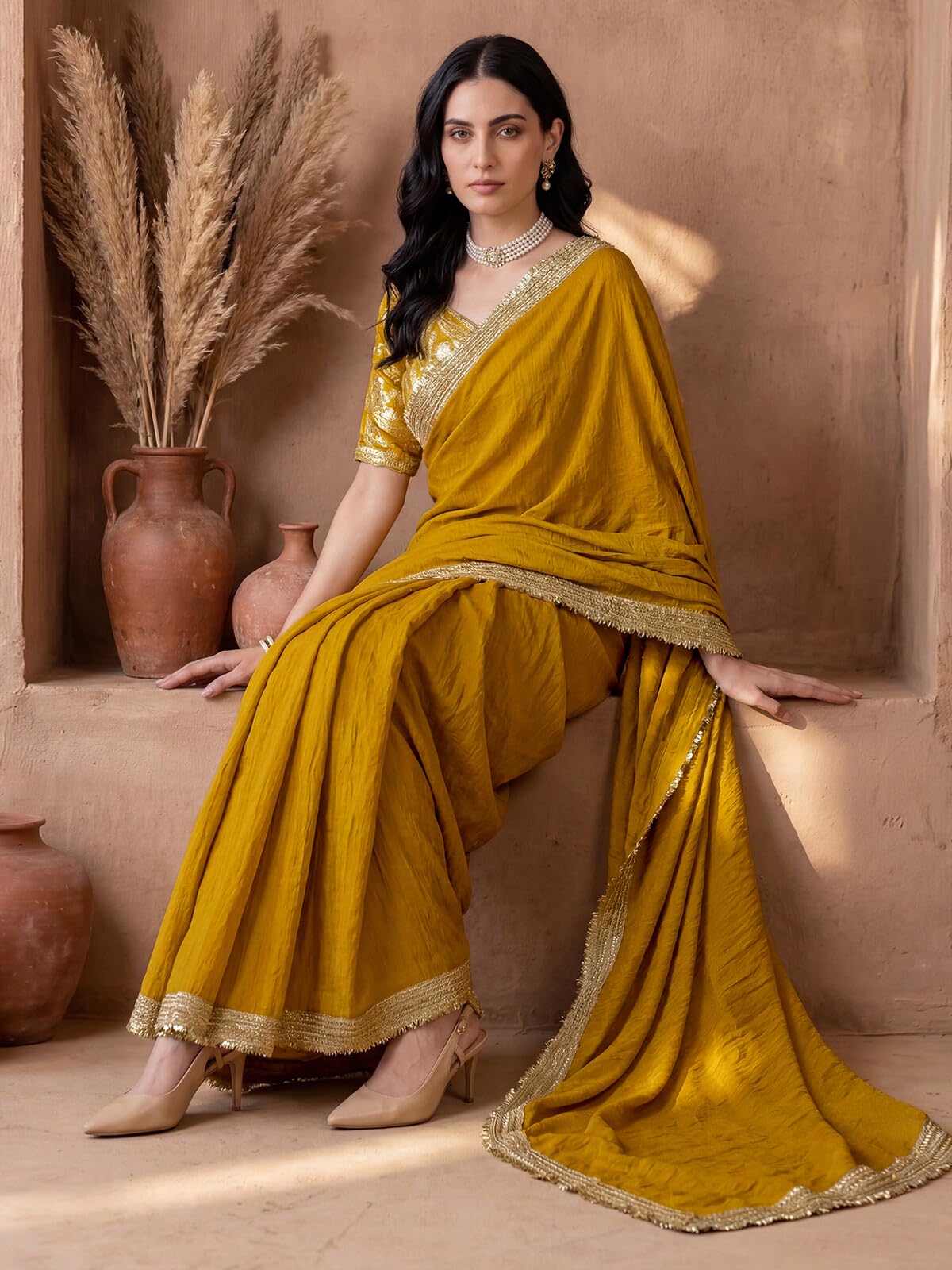 SIRIL Women's Silk Plain Saree with Unstitched Blouse Piece (5140S1092A_Mustard Yellow)
