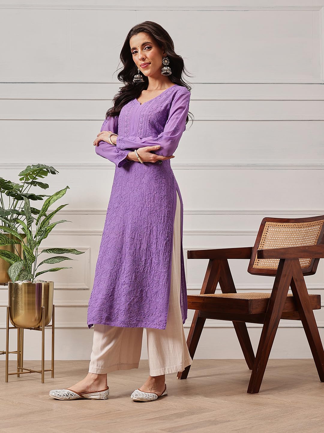 Ada Hand Embroidered Lucknowi Chikankari Viscose Georgette Kurta Kurti for Women A411332 Mauve (3XL)