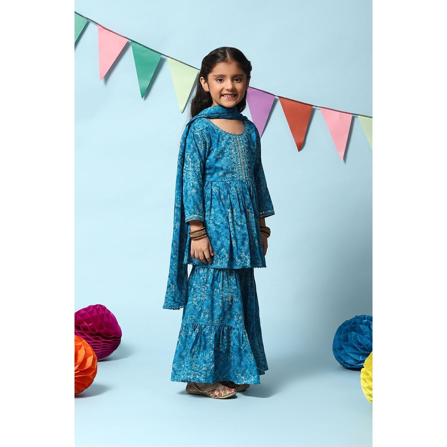 BIBA GIRL PRINTED FLARED KID(KW4948_TEAL BLUE_7)