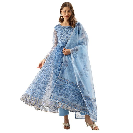 Divena Blue Floral Print Organza Anarkali Kurta set with Dupatta