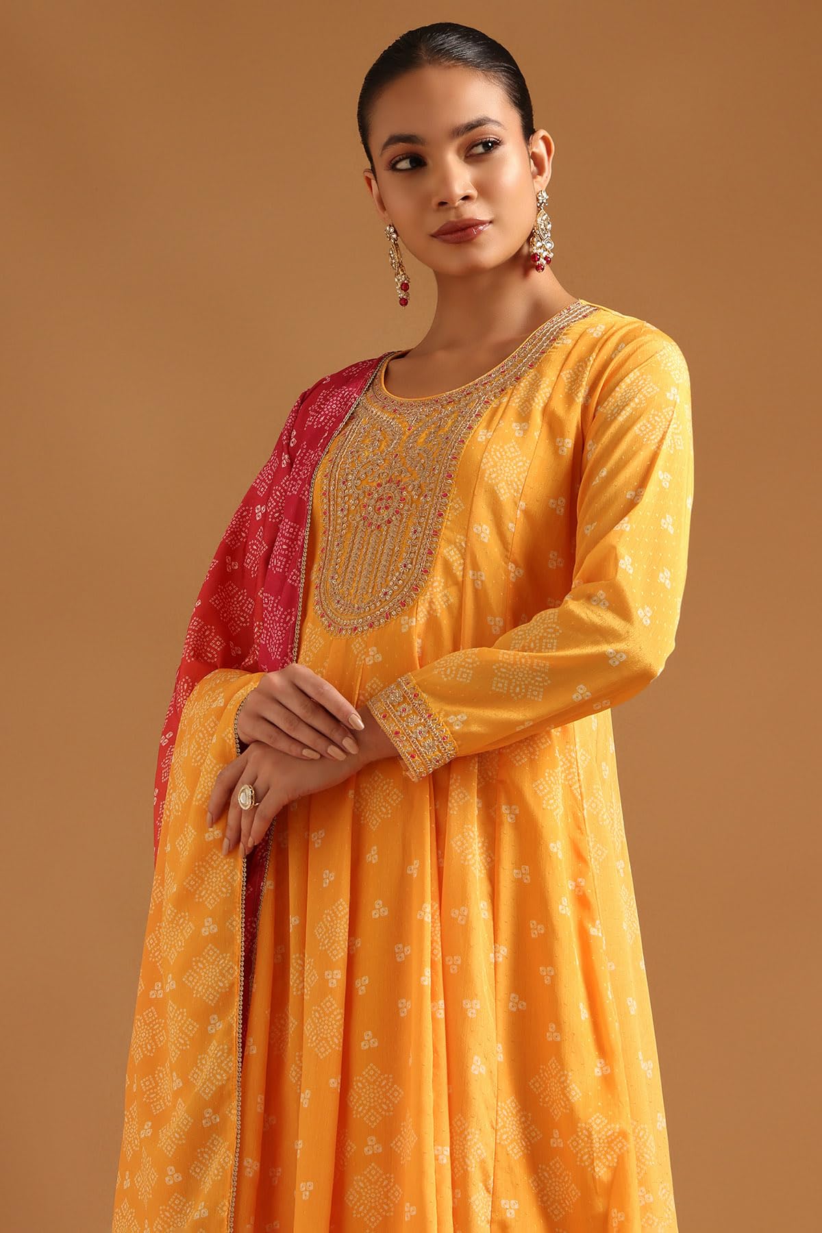 Soch Womens Mustard Chinon Bandhani Salwar Suit With Sequence Work