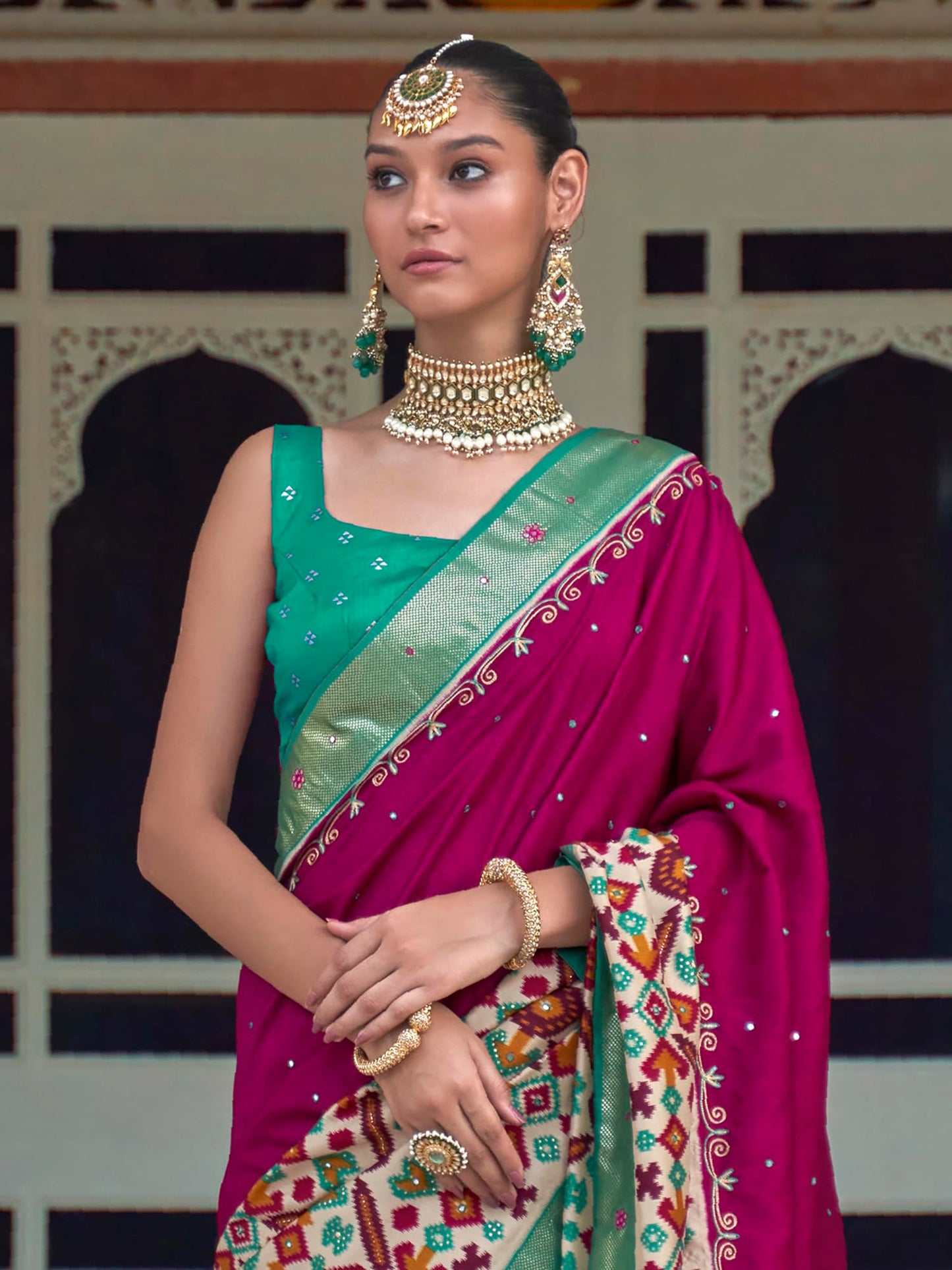 SAREE MALL Women's Ikat Printed Mirror Work Cotton Silk Saree With Unstiched Blouse Piece (Magenta_AARIP497_RW)