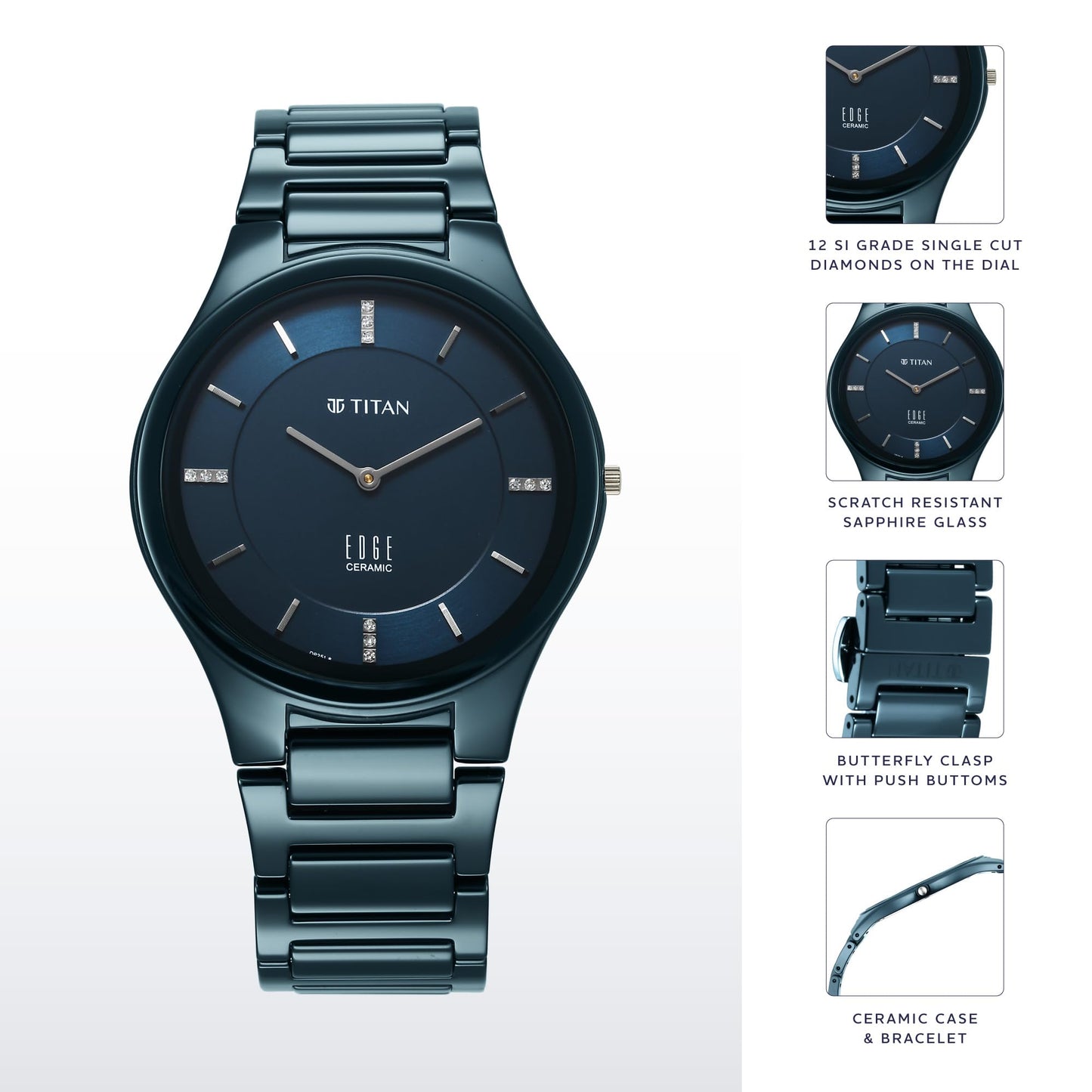 EDGE Titan Ceramic Dress with Diamonds Quartz Analog Blue Dial Blue Ceramic Strap Watch for Men - NT1696QC09