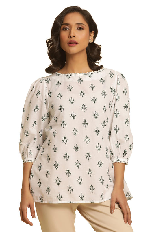 W Women White Floral Print Cotton Top_24FEW30798-123031_L