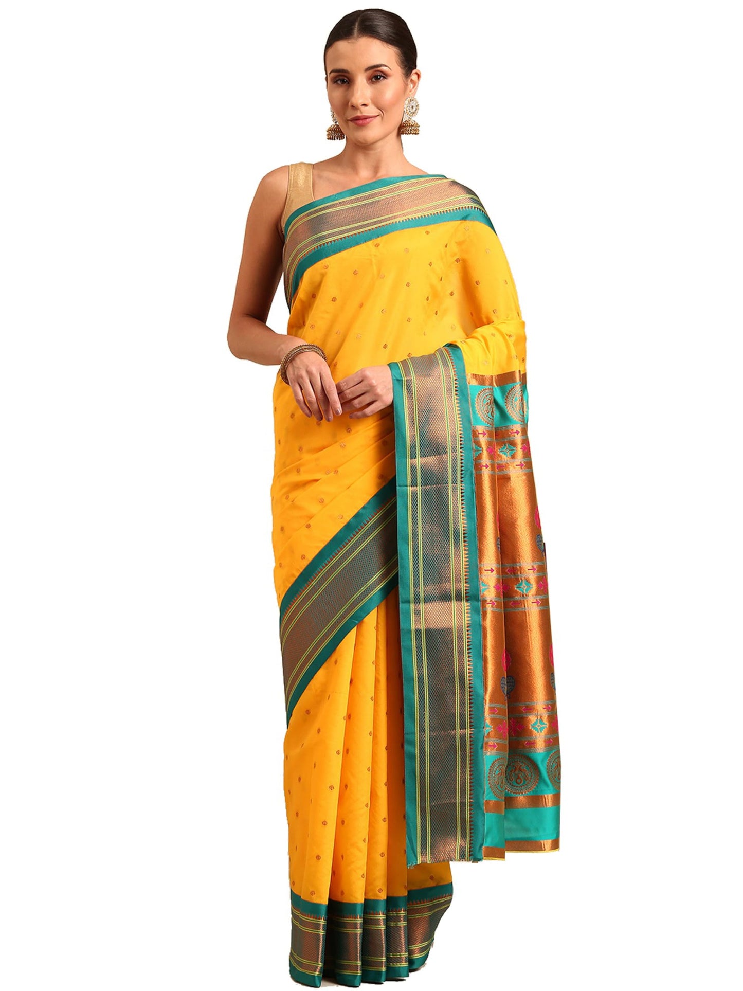 Varkala Silk Sarees Women's Kadiyal Soft Silk Maharani Paithani Saree With Blouse Piece (V241A322-COPR_Haldi & Rama)