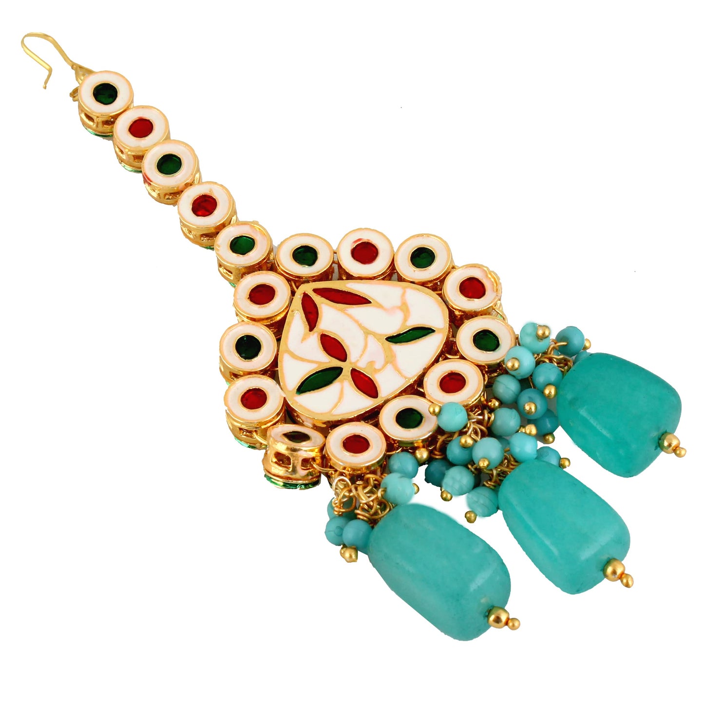 Lucky Jewellery Meenakari 18K Gold Plated Turquoise Blue Pentagon Shape Uncut Kundan Combo Necklace Set For Women
