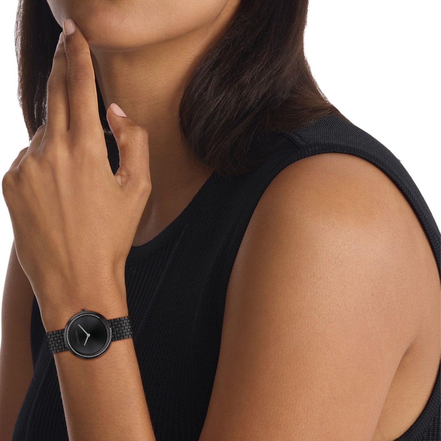 Calvin Klein Twisted Bezel Qtz Basic Slim Black Round Dial Women's Watch|Stainless Steel Material|Multi Color Band - 25100039