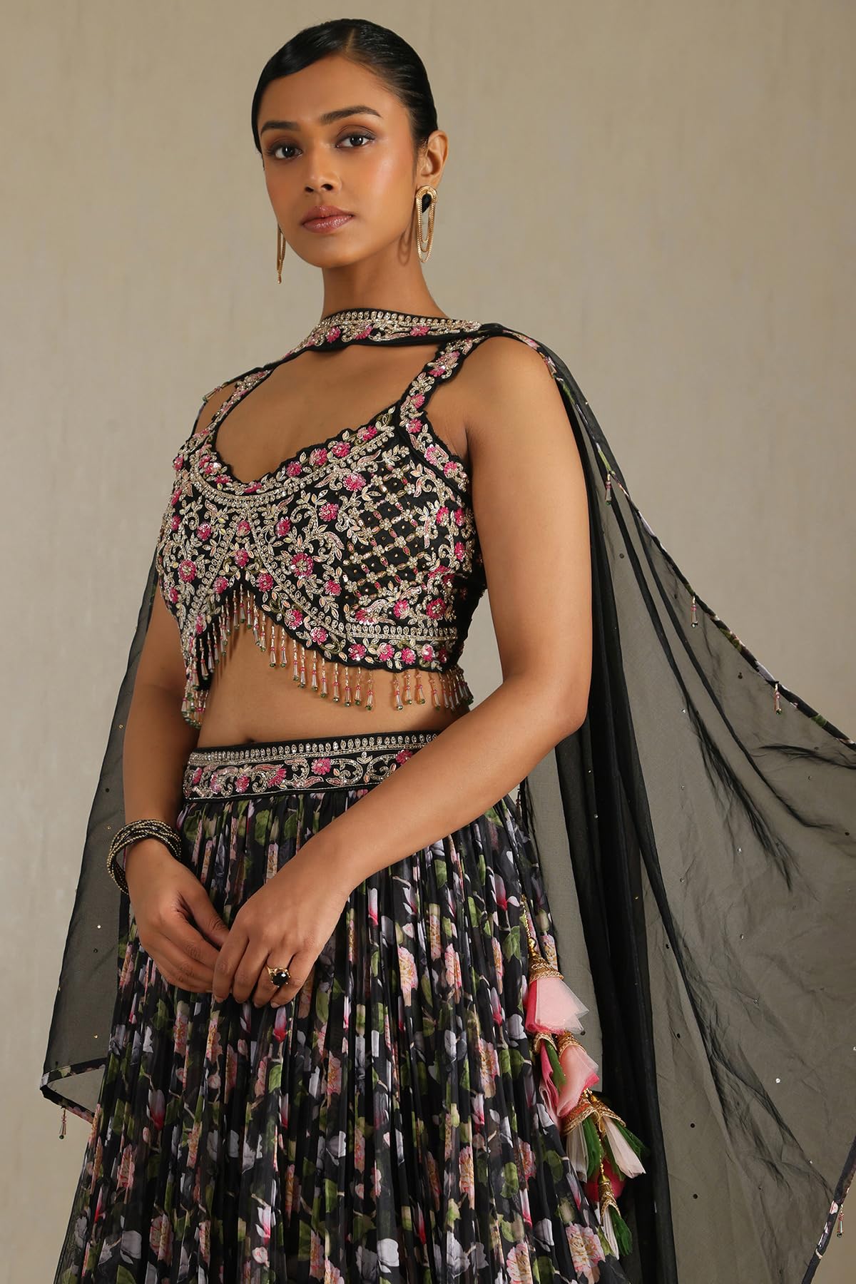 Soch Womens Black Dupion Silk Lehenga Choli With Stones And Sequins