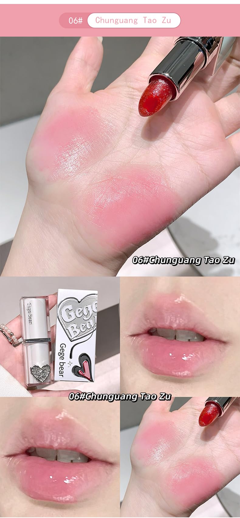 Gege Bear Crystal Clear Love Sandwich Lipstick for Women | Glossy Mirror Shine | Moisturizing, Lightweight & Non-Sticky Formula | Love-Tinted Colors that Glide Like Butter | 6 Irresistible Shades to Steal the Spotlight | (02# Light Rose, 3.8g)